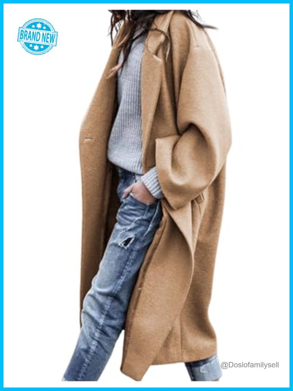 Oversized Wool Blend Pea Coat Double Breasted Long Overcoat Notch Collar